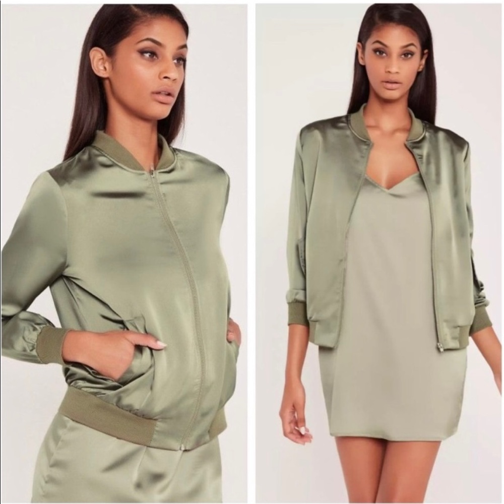 Carli Bybel x Missguided sage green satin bomber jacket